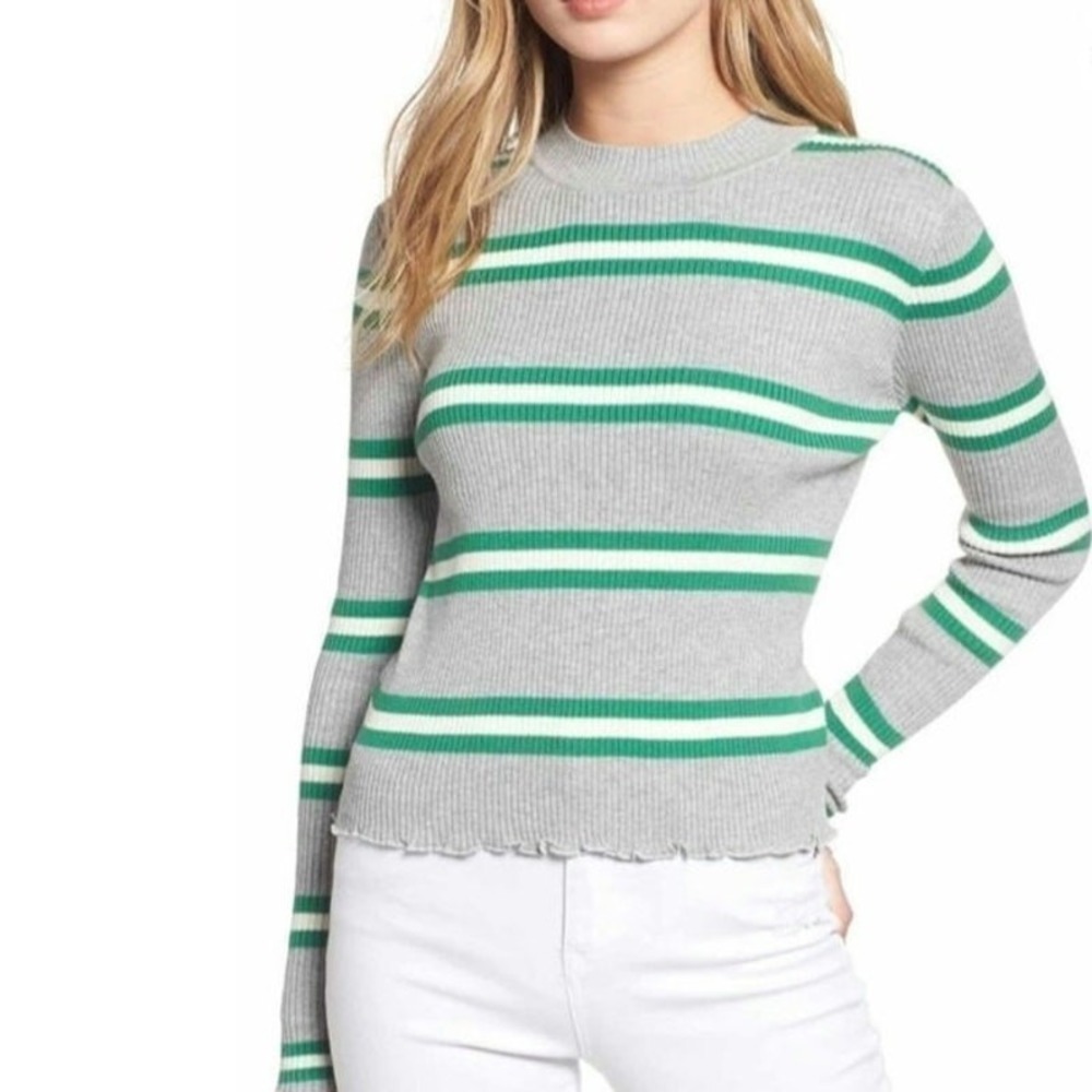 BP Ribbed Sweater S Womens Grey Green Striped Lettuce Hem Cozy Whimsy Pullover